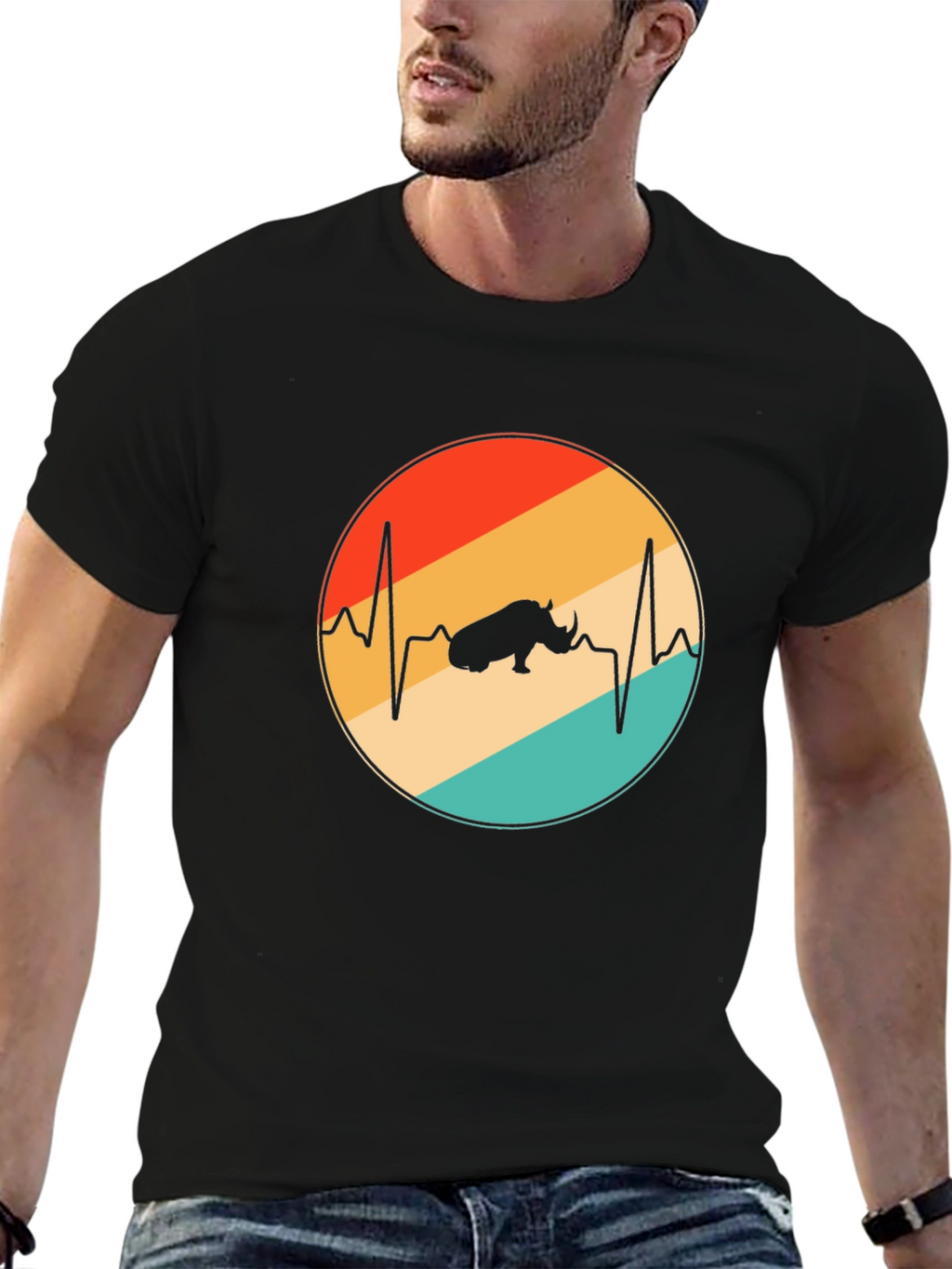 Retro Rhino Heartbeat T-Shirt - Black