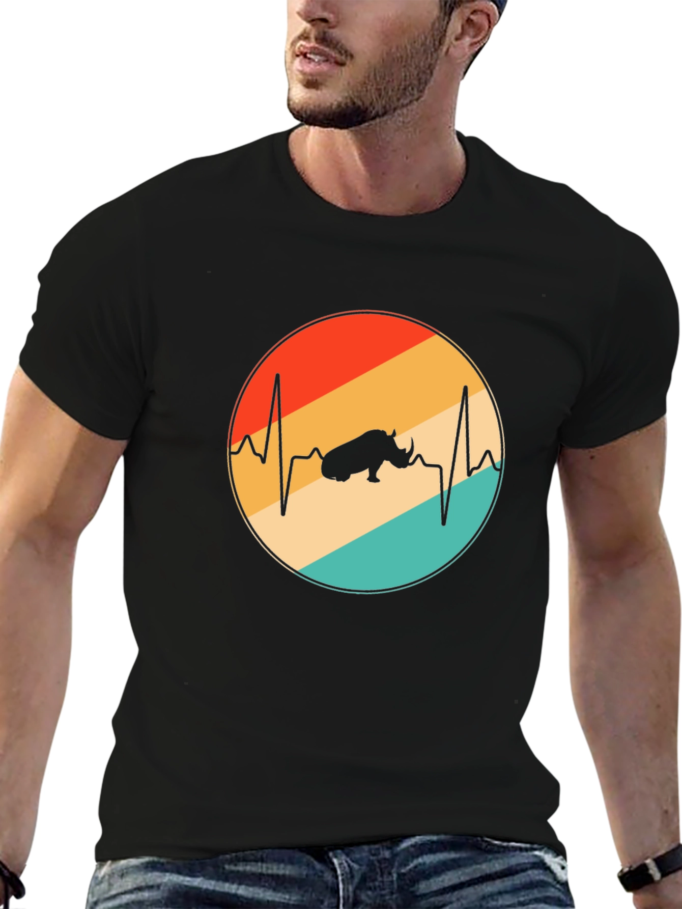 Retro Rhino Heartbeat T-Shirt - Black