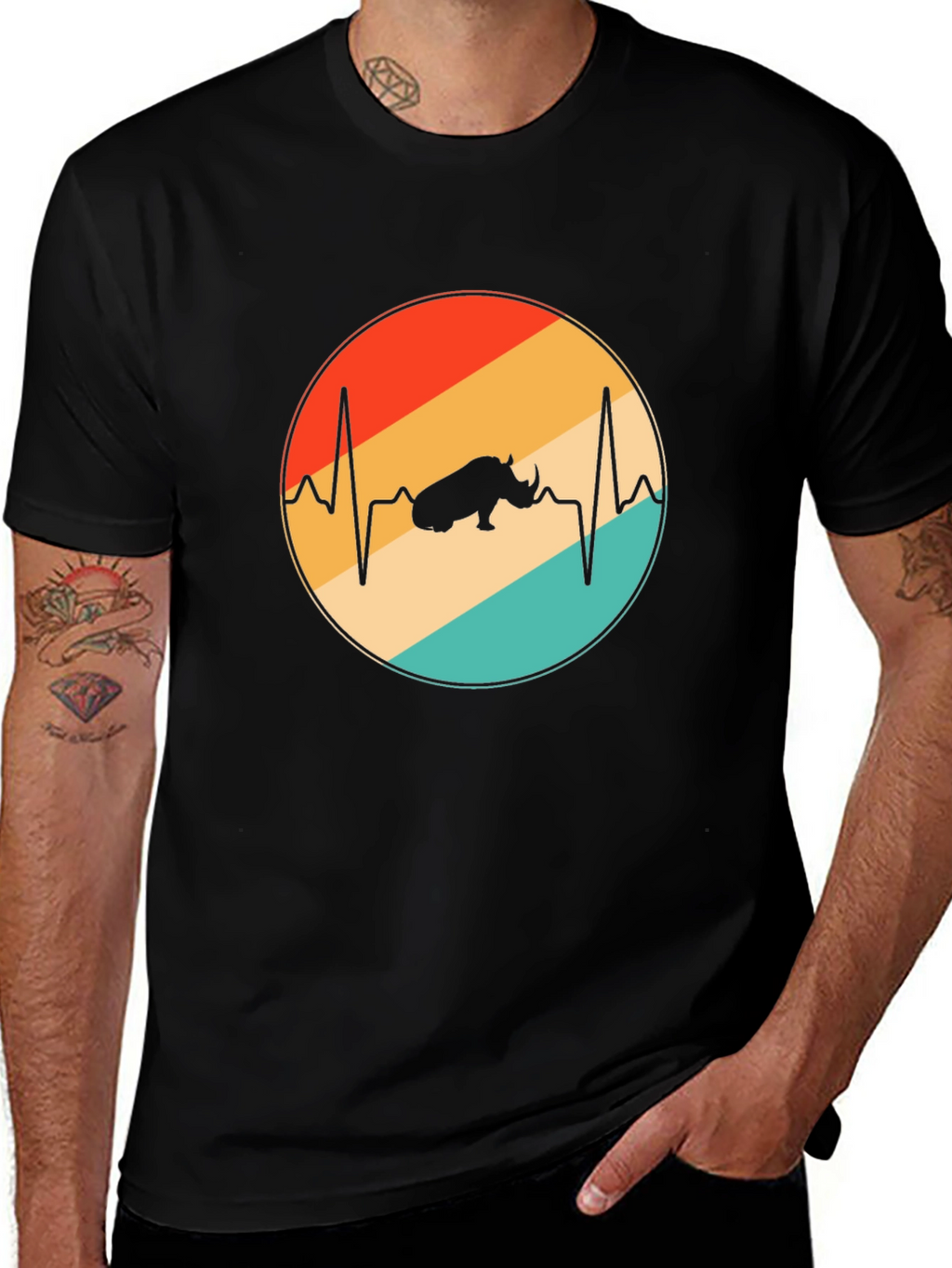 Retro Rhino Heartbeat T-Shirt - Black