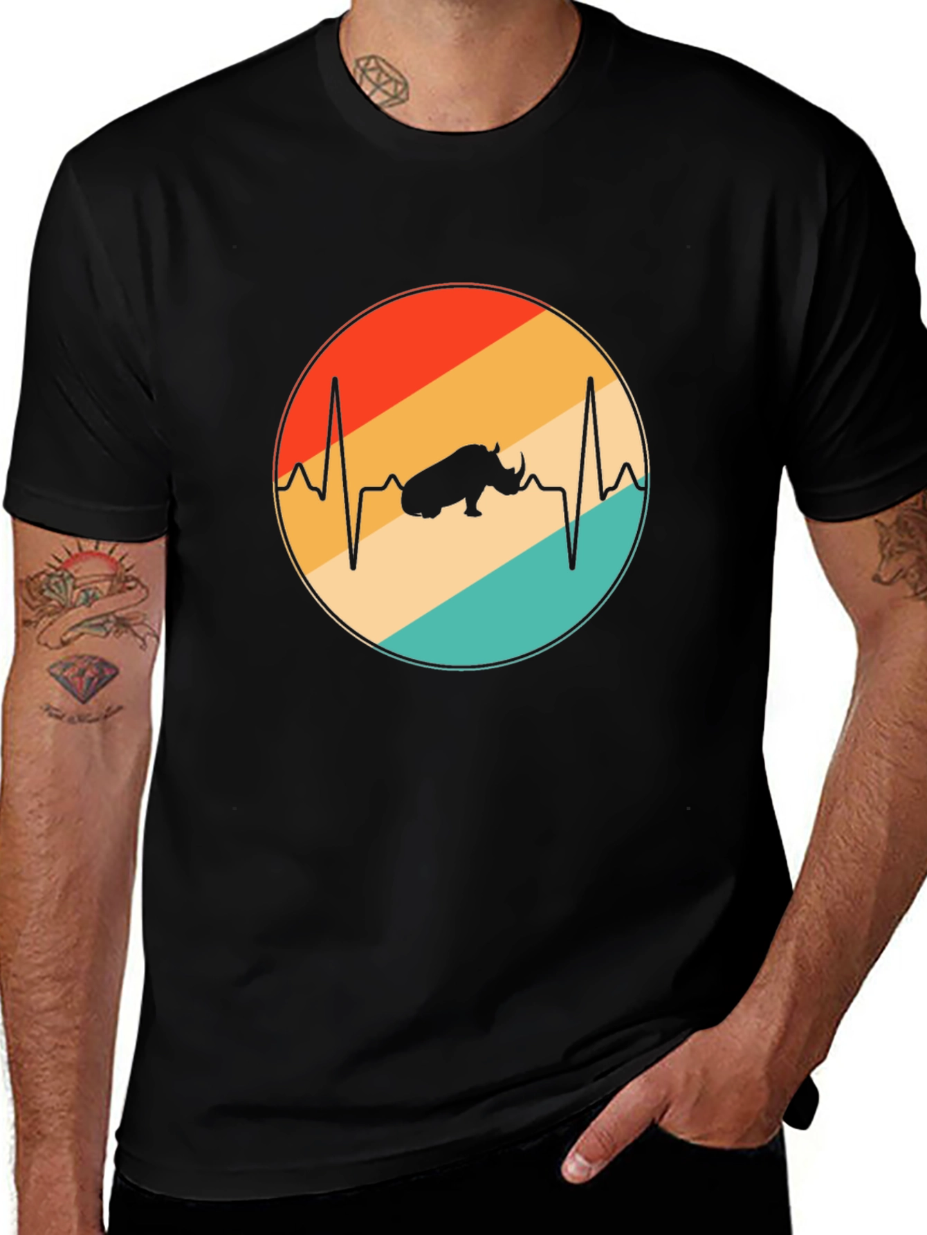 Retro Rhino Heartbeat T-Shirt - Black