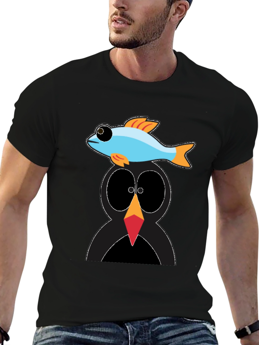 Penguin Fish Graphic Tee - Unique Cartoon T-Shirt