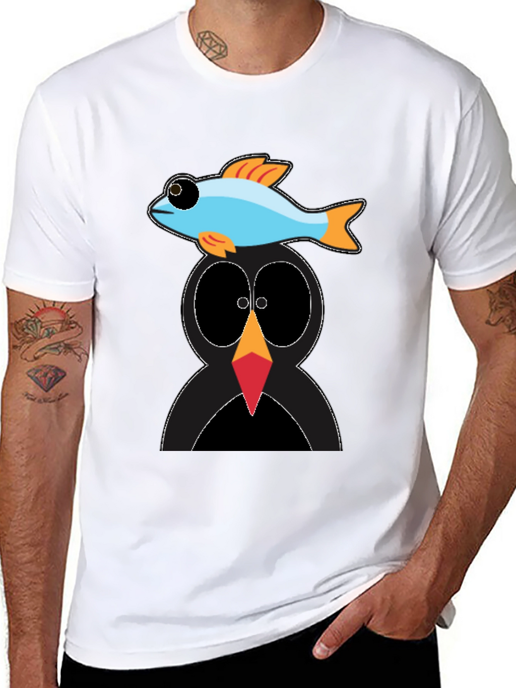 Penguin Fish Graphic Tee - Unique Cartoon T-Shirt