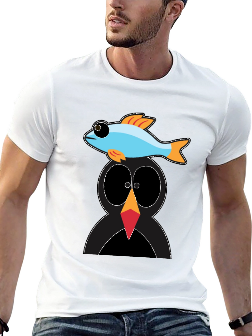 Penguin Fish Graphic Tee - Unique Cartoon T-Shirt