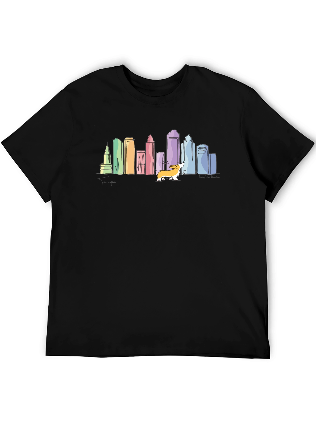 Corgi Cityscape Graphic Tee - Black Cotton Comfort