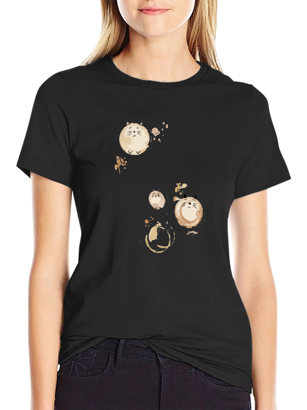 Round Cat Graphic Black T-Shirt