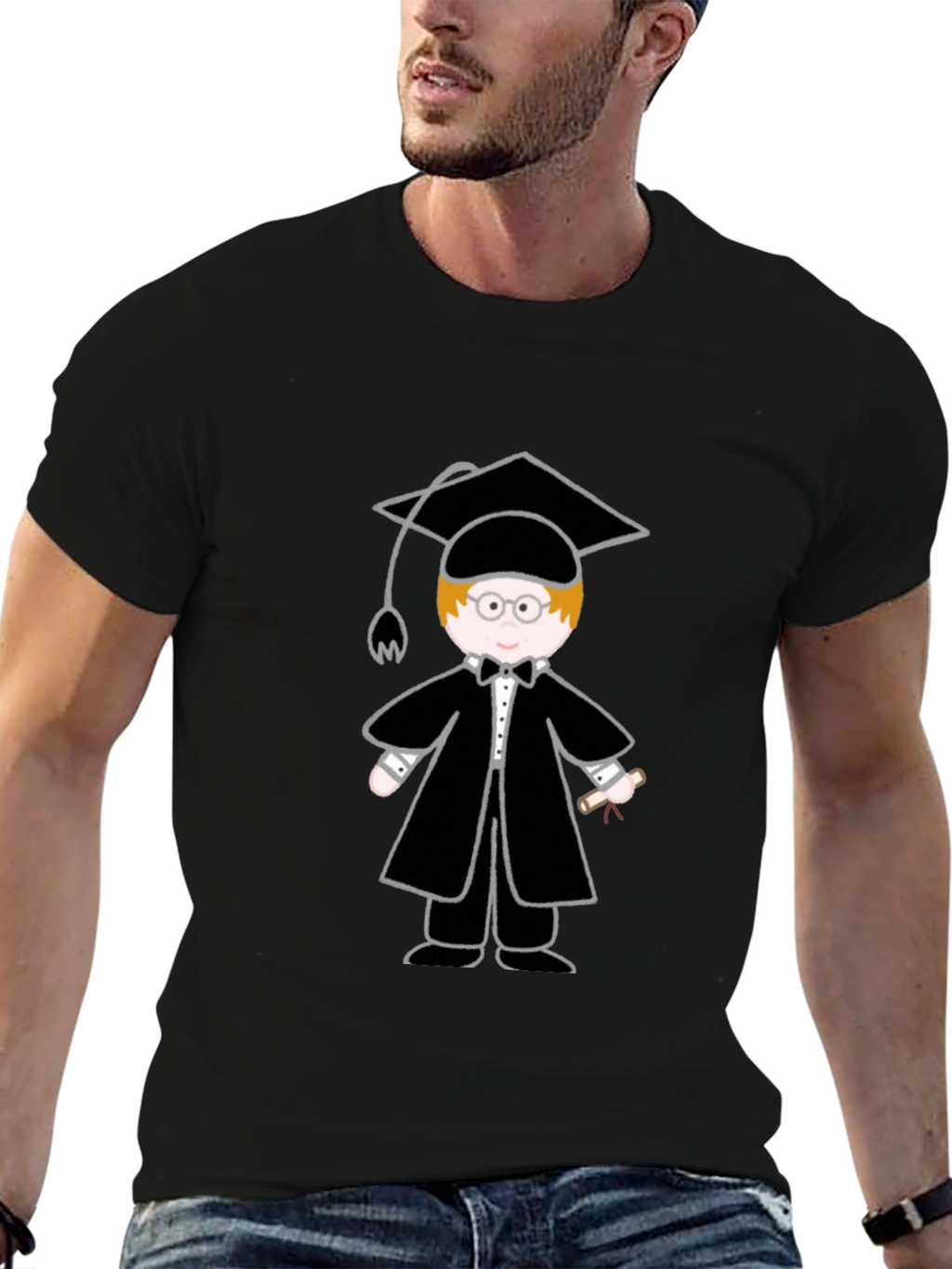Graduation Cartoon Graphic T-Shirt - Black