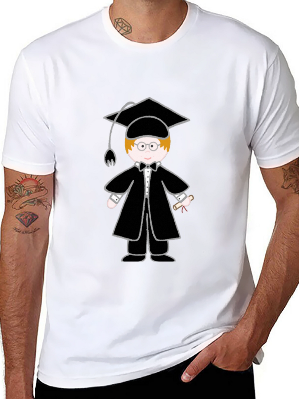 Graduation Cartoon Graphic T-Shirt - Black