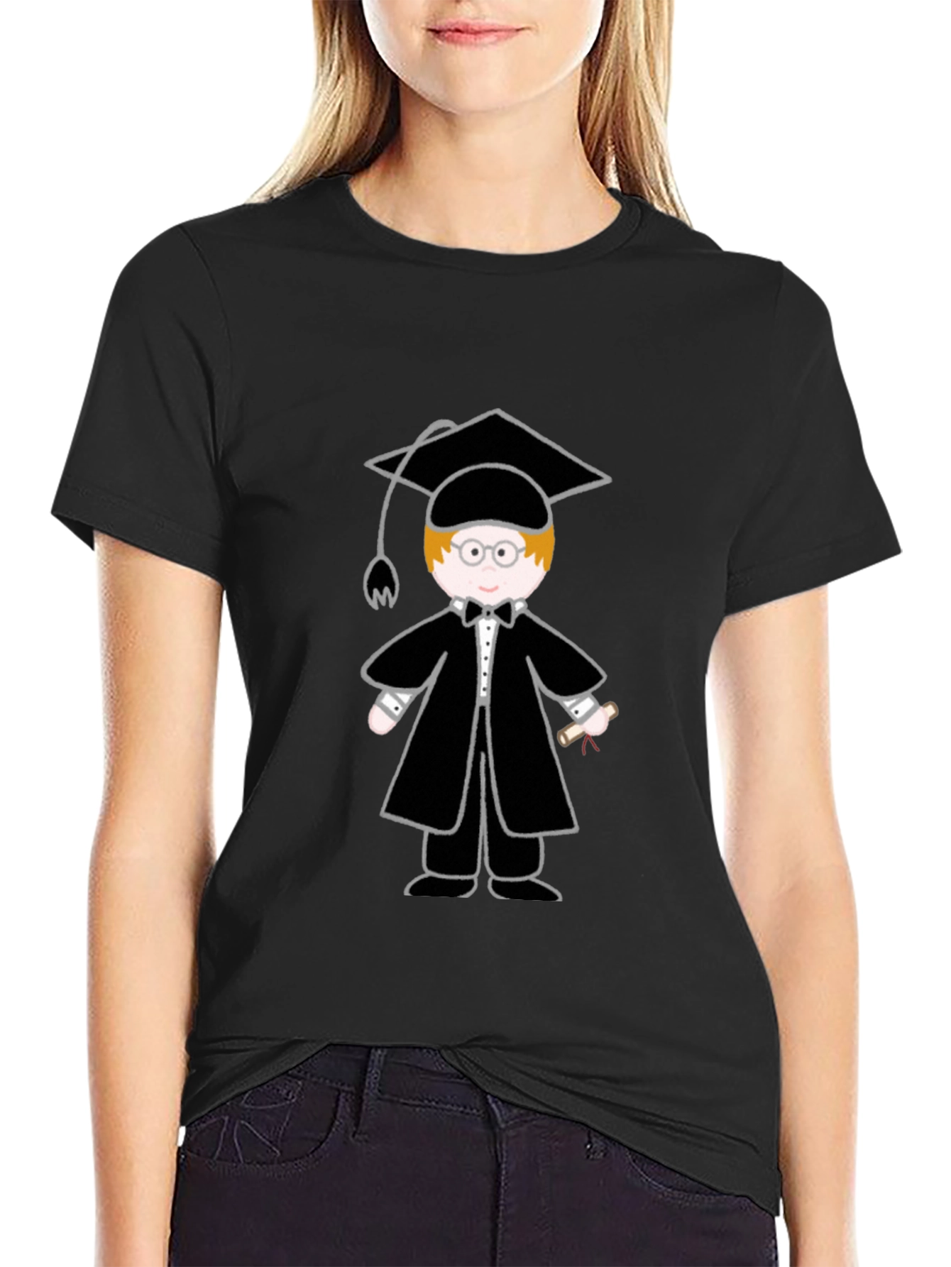 Graduation Cartoon Graphic T-Shirt - Black