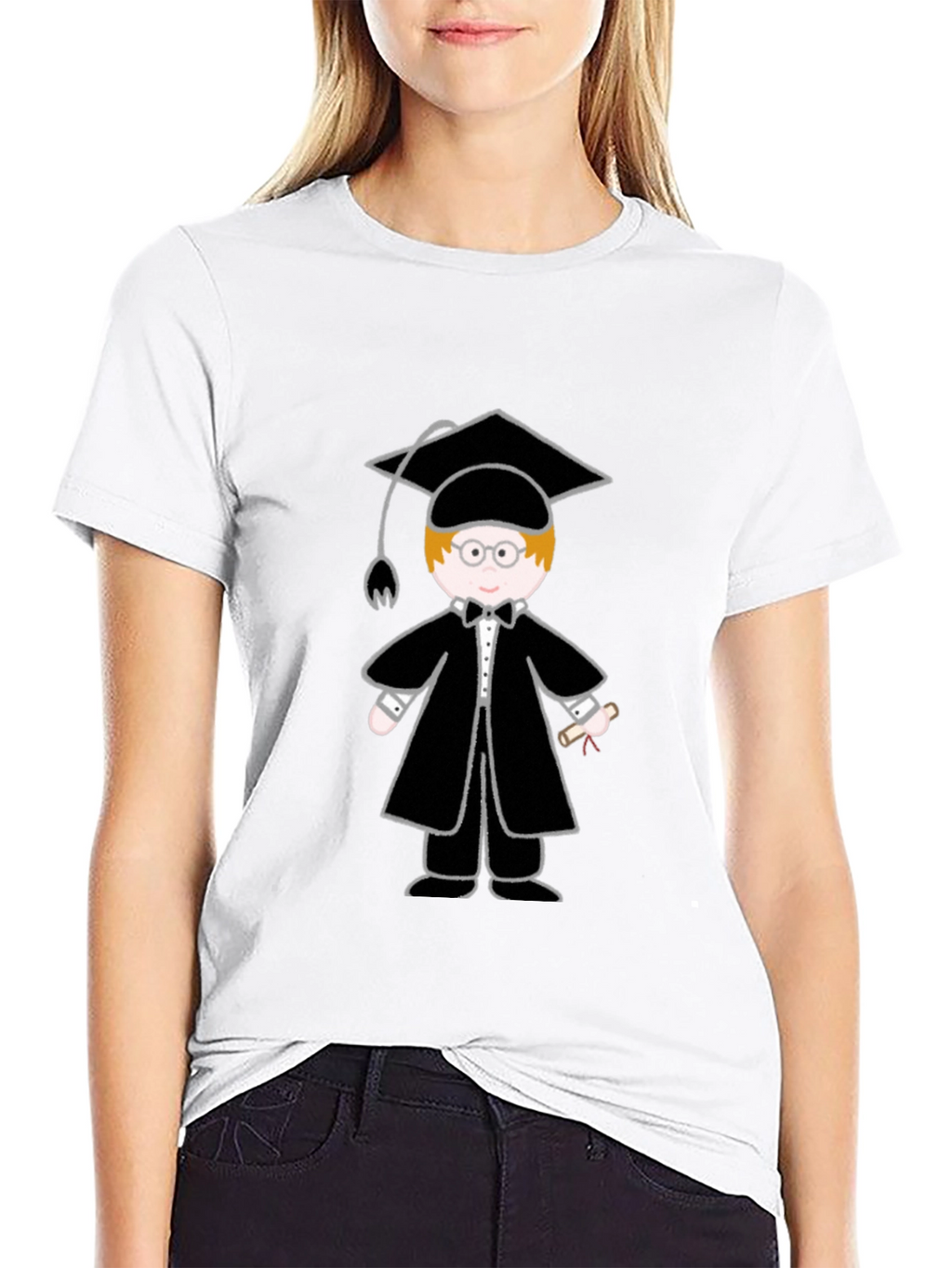 Graduation Cartoon Graphic T-Shirt - Black