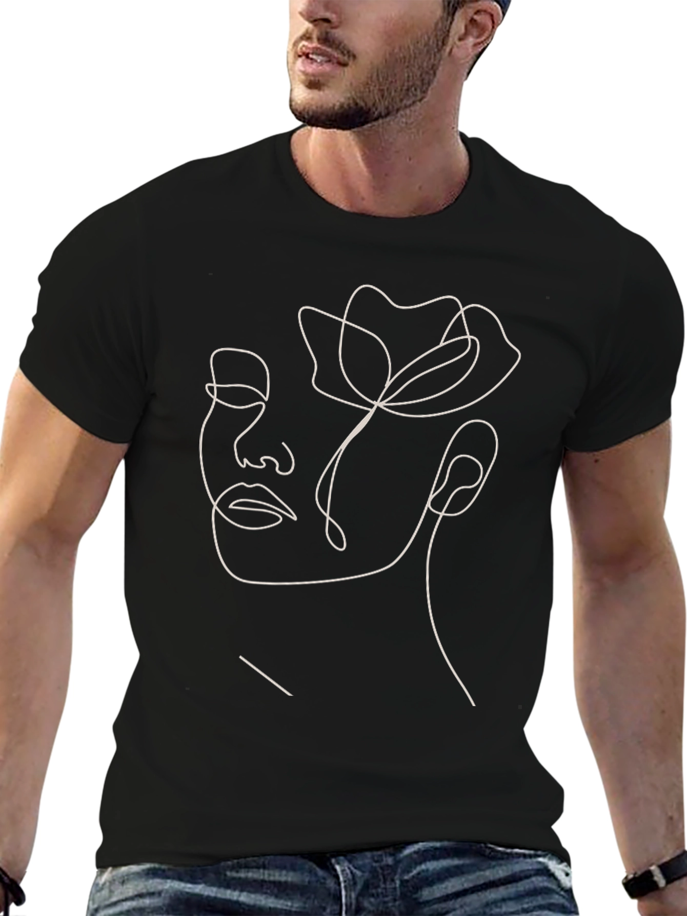 Abstract Floral Face Line Art Black T-Shirt