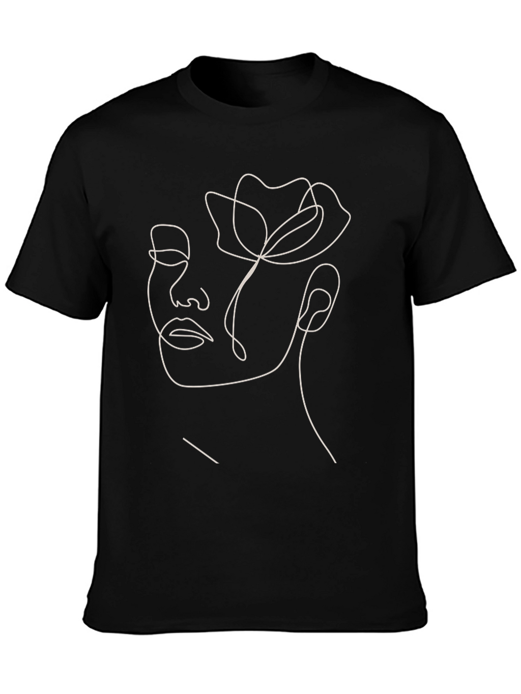 Abstract Floral Face Line Art Black T-Shirt