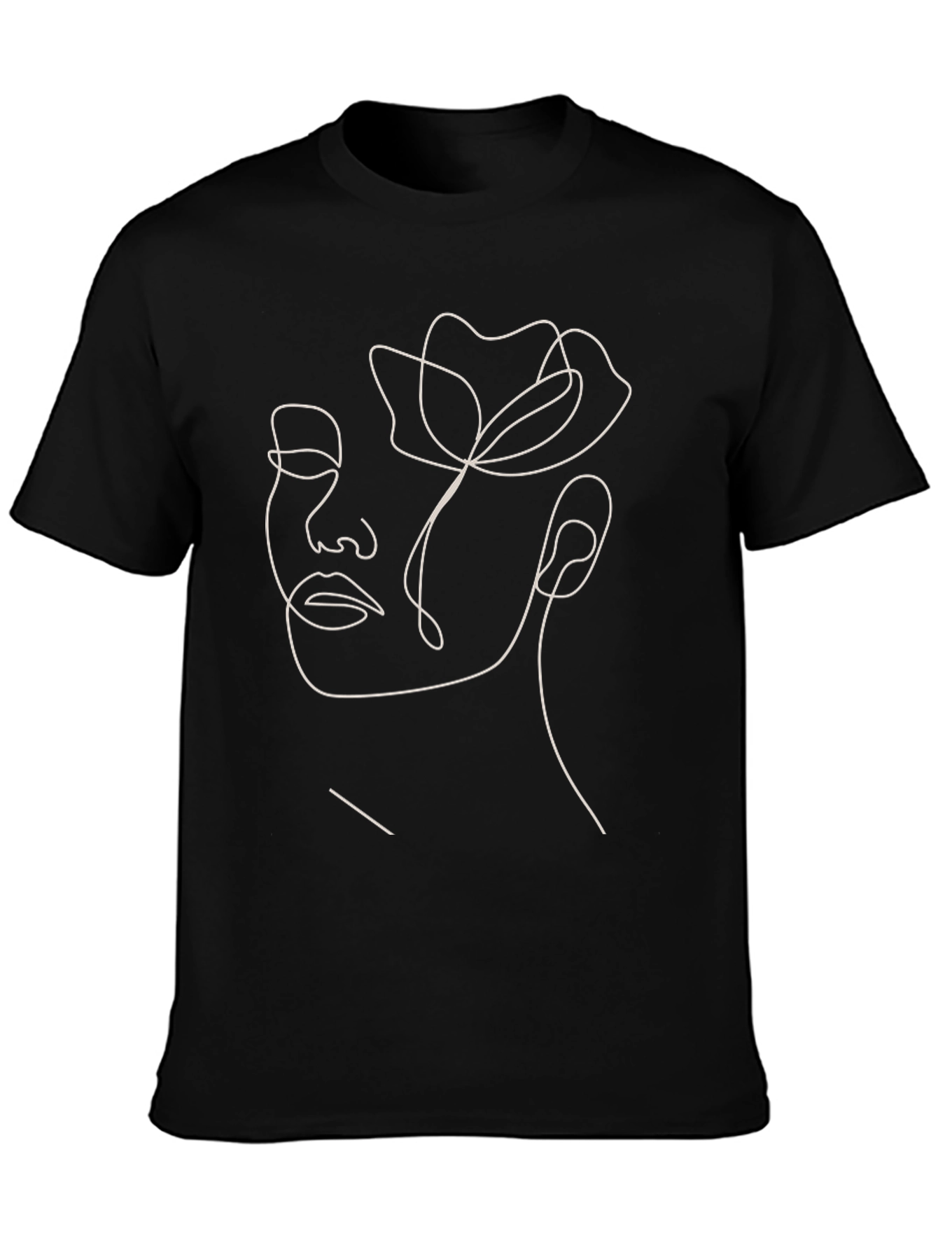 Abstract Floral Face Line Art Black T-Shirt