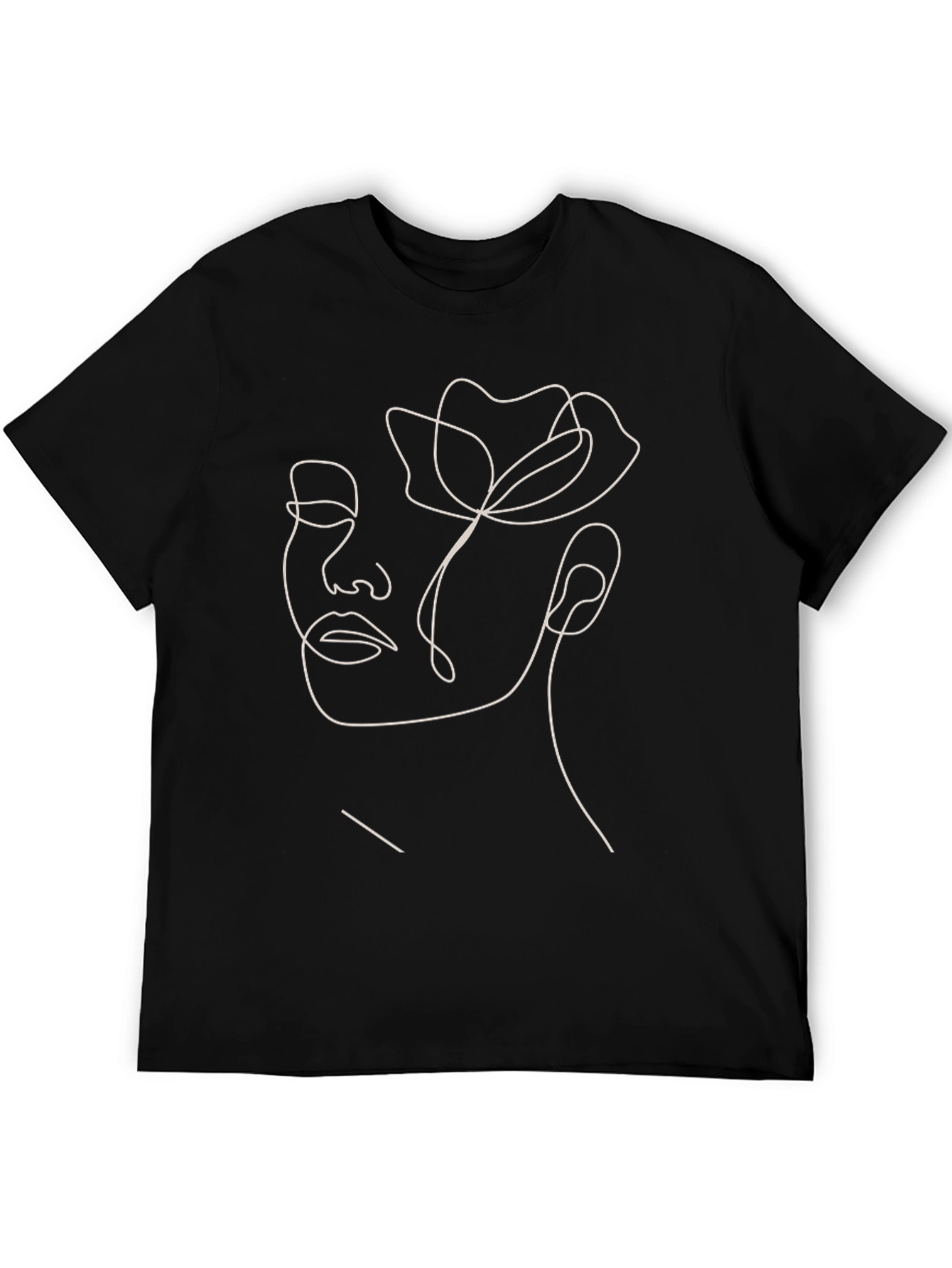 Abstract Floral Face Line Art Black T-Shirt