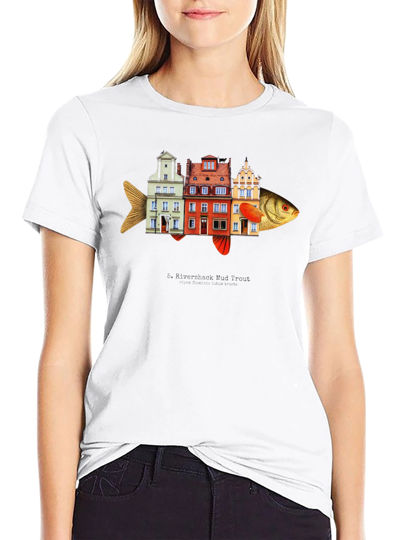 Riverbank Mud Front Fish Building T-Shirt