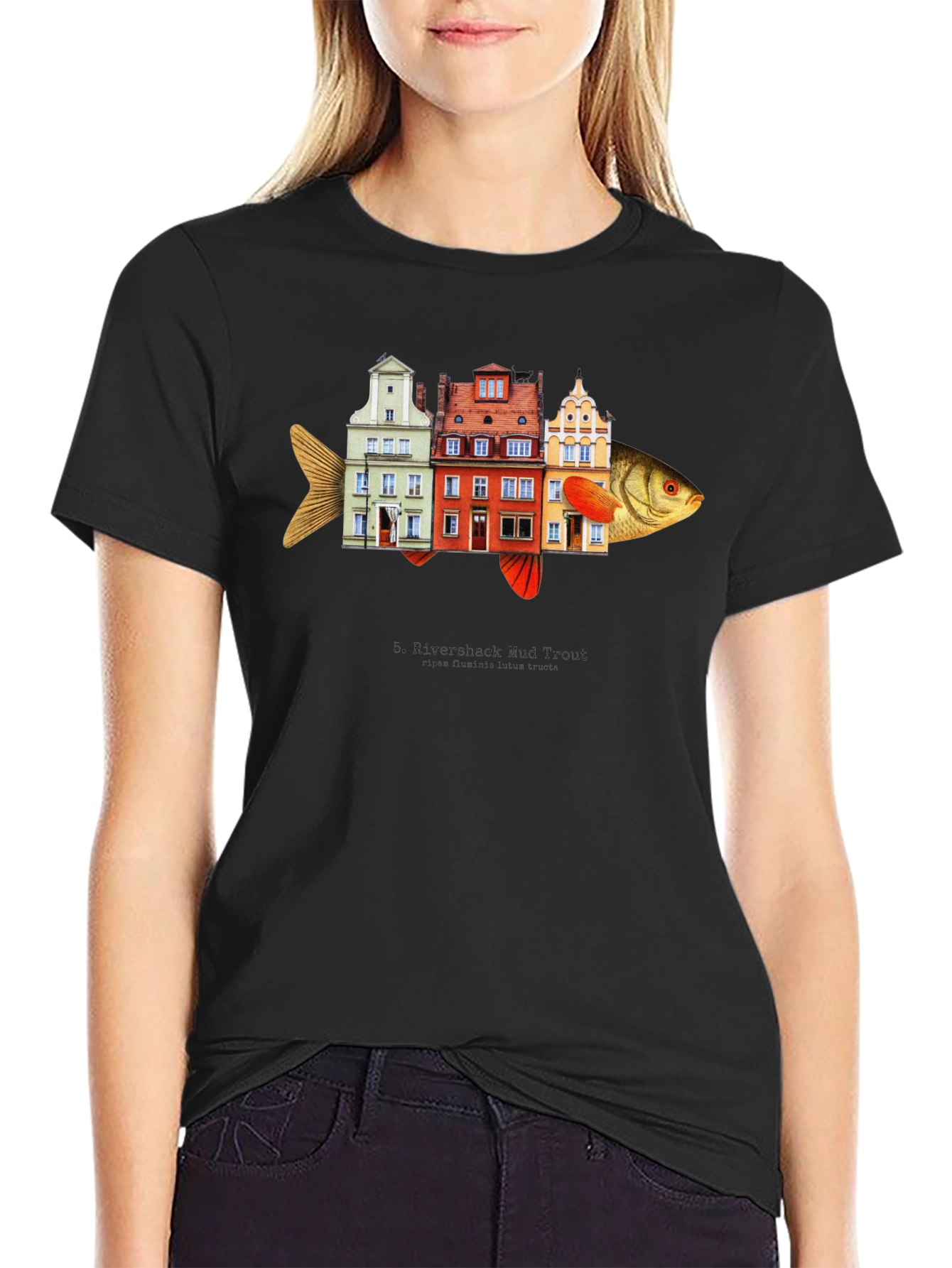 Riverbank Mud Front Fish Building T-Shirt