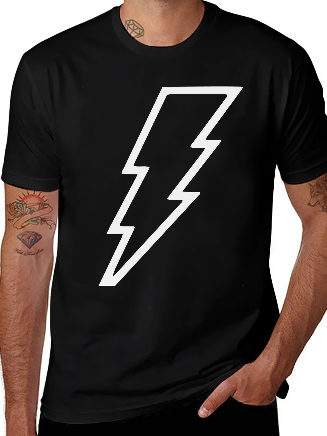 Black T-Shirt with White Lightning Bolt Design
