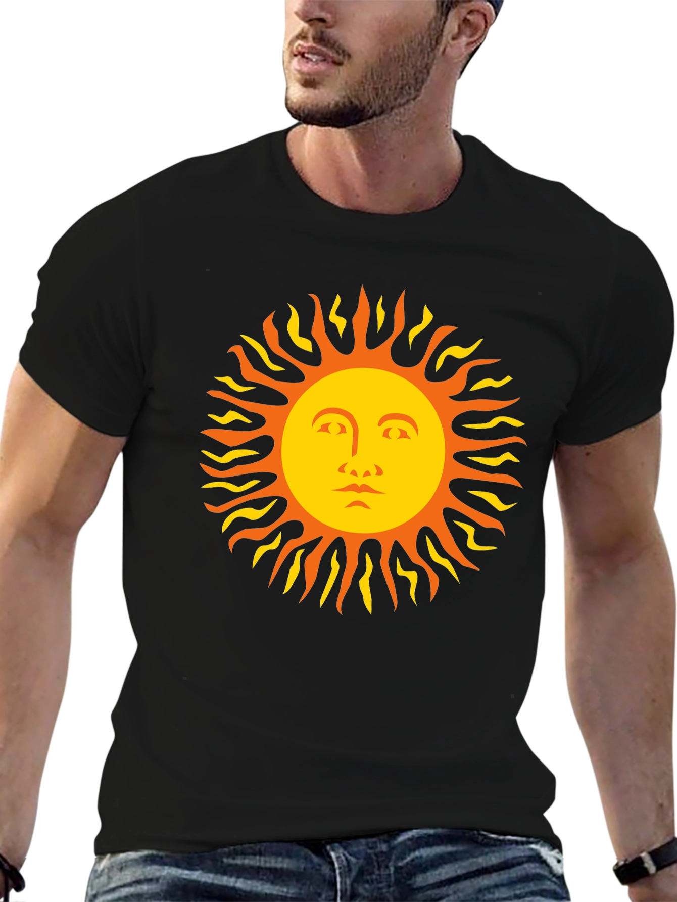 Sun Face Graphic Tee - Black Cotton T-Shirt