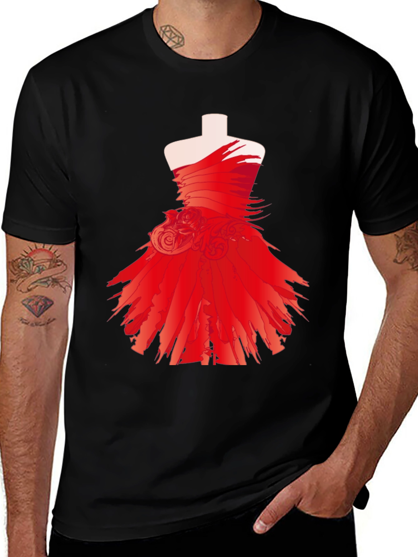 Statement Black Tee with Red Dress Design