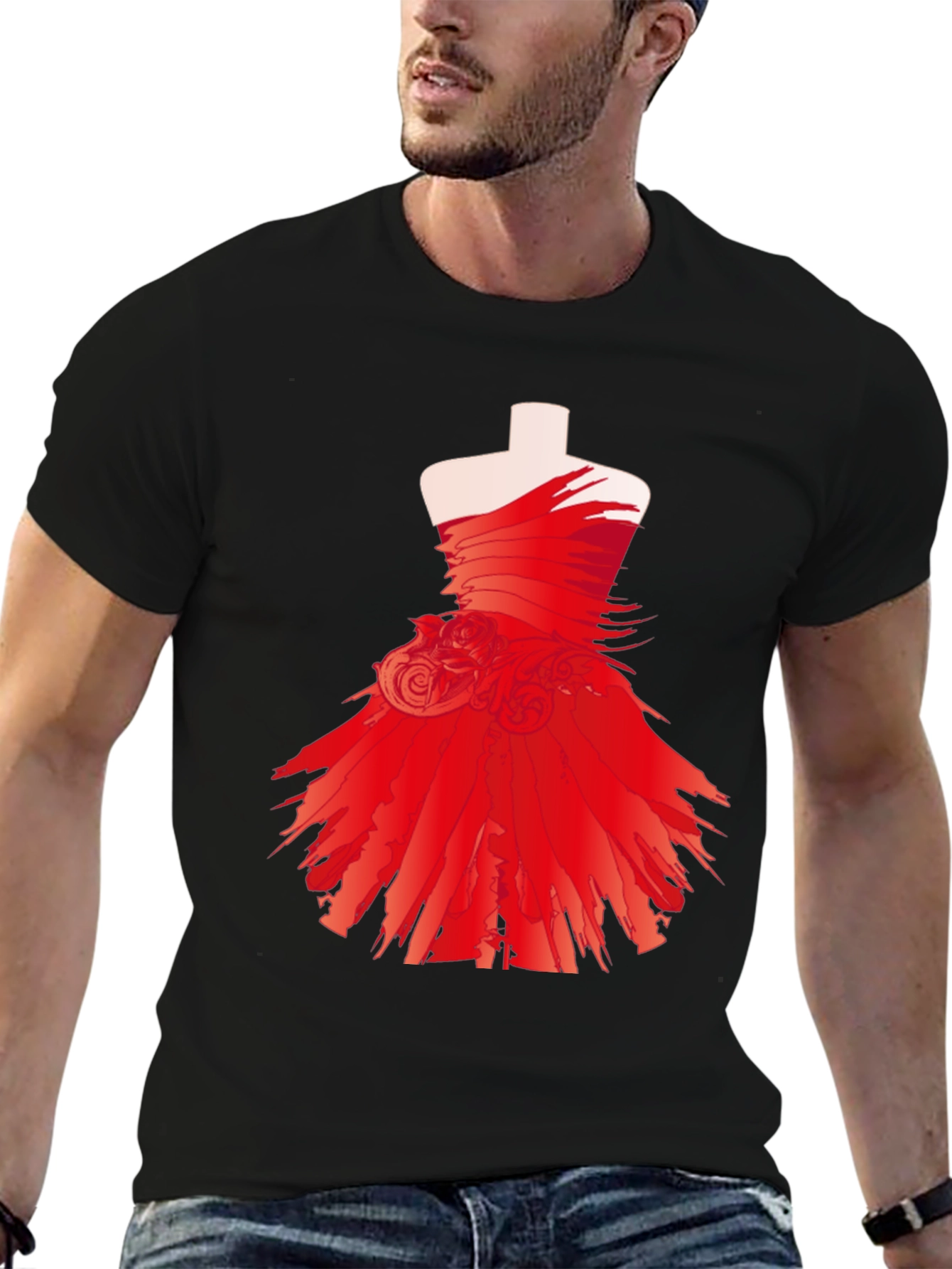 Statement Black Tee with Red Dress Design