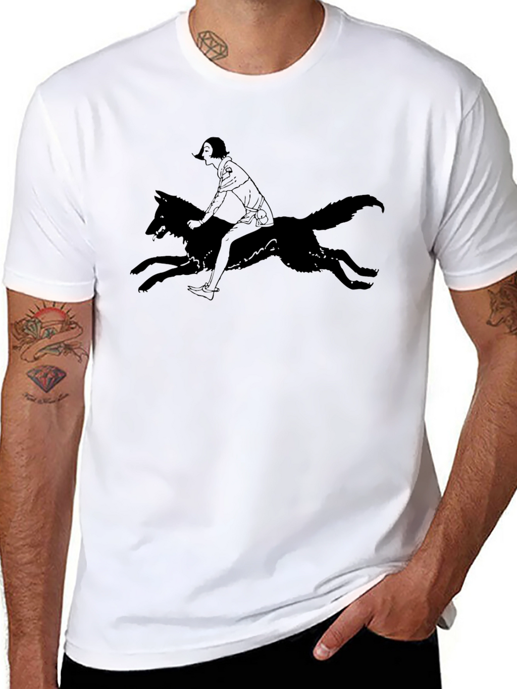 Black Tee - Girl Riding Wolf Graphic