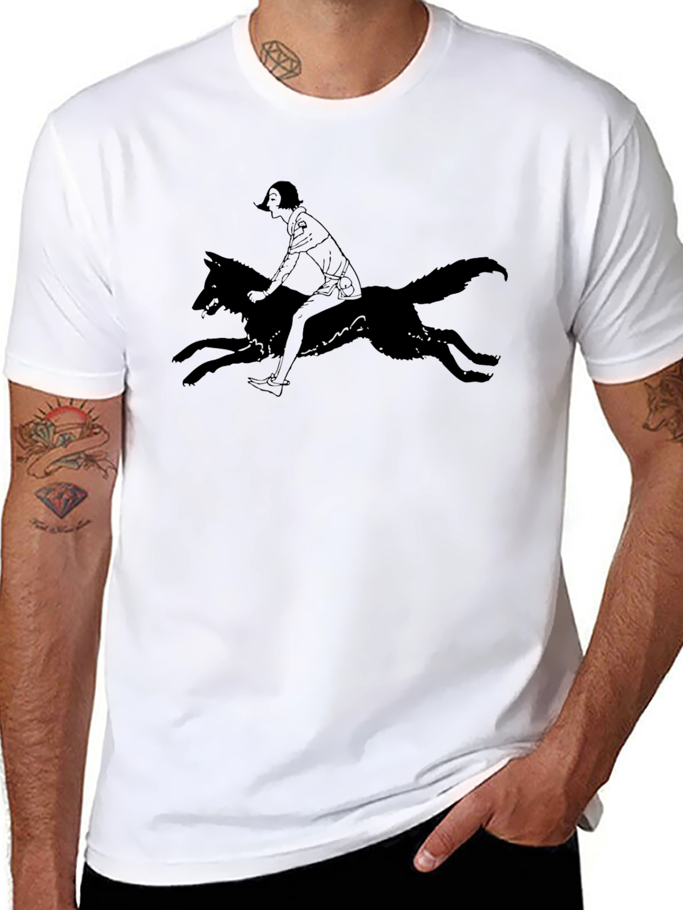 Black Tee - Girl Riding Wolf Graphic