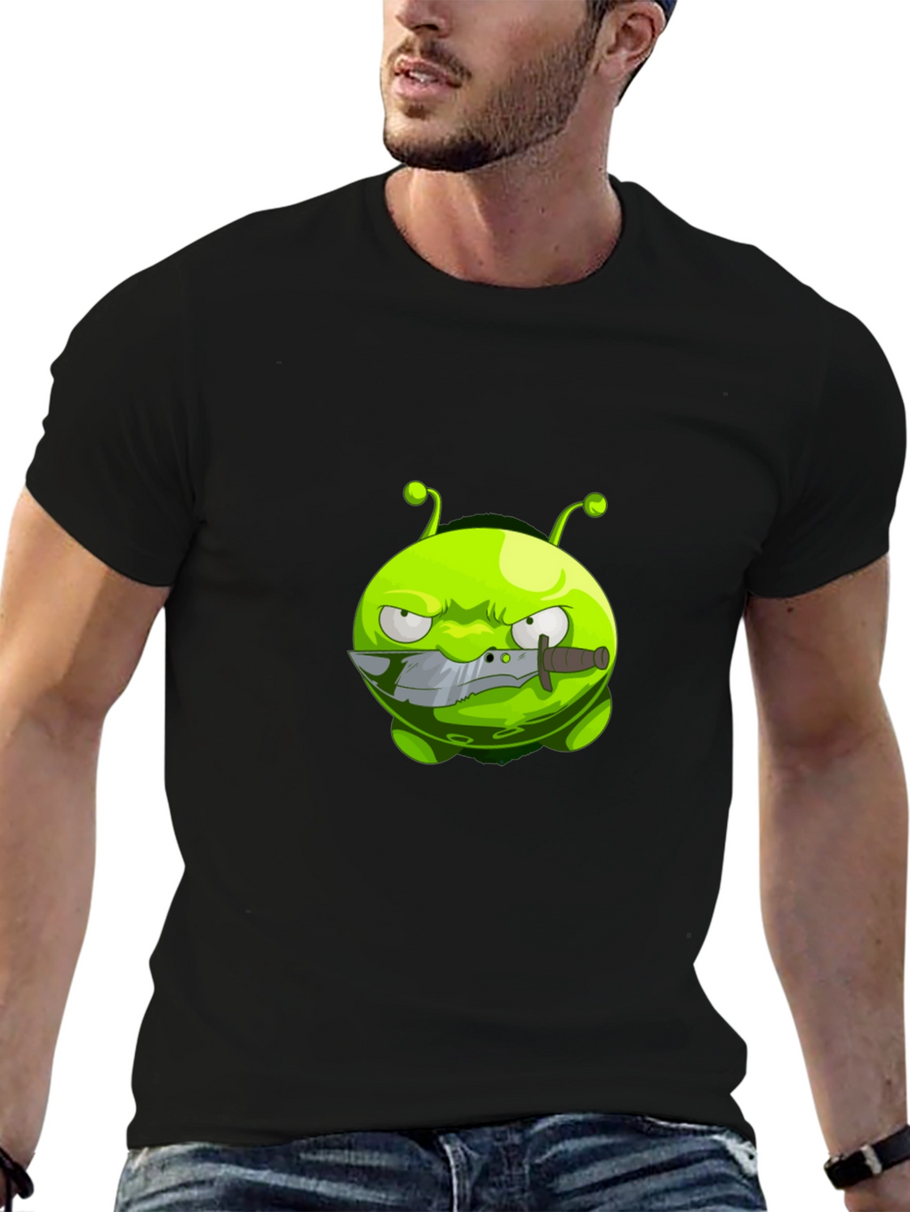 Mens Black T-Shirt with Cartoon Alien Graphic