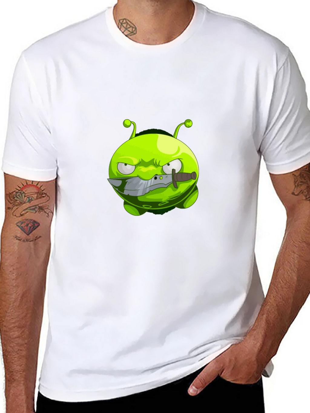 Mens Black T-Shirt with Cartoon Alien Graphic