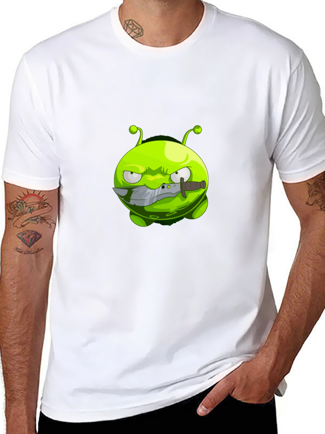 Mens Black T-Shirt with Cartoon Alien Graphic
