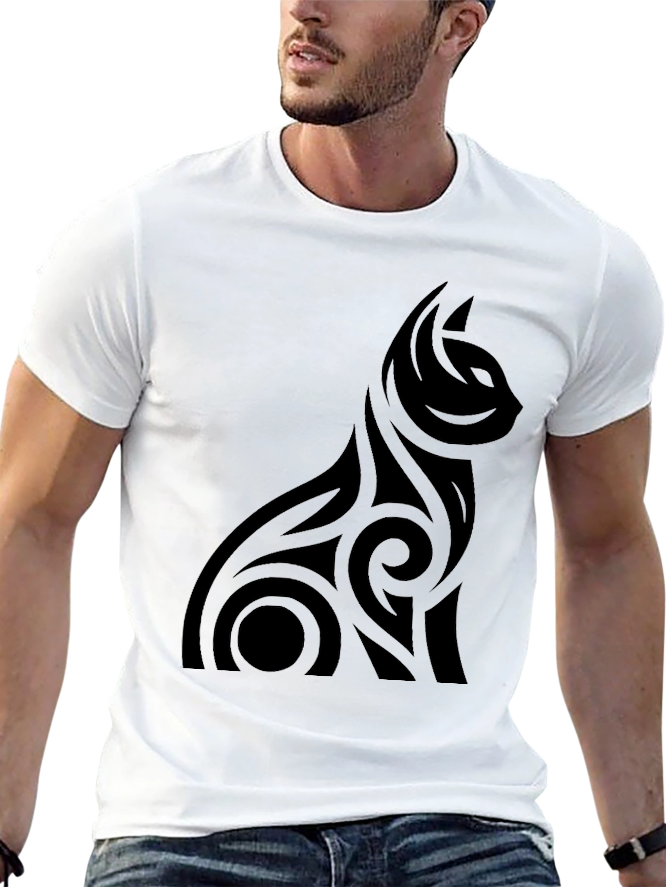 Mens Black Tribal Cat Graphic Tee