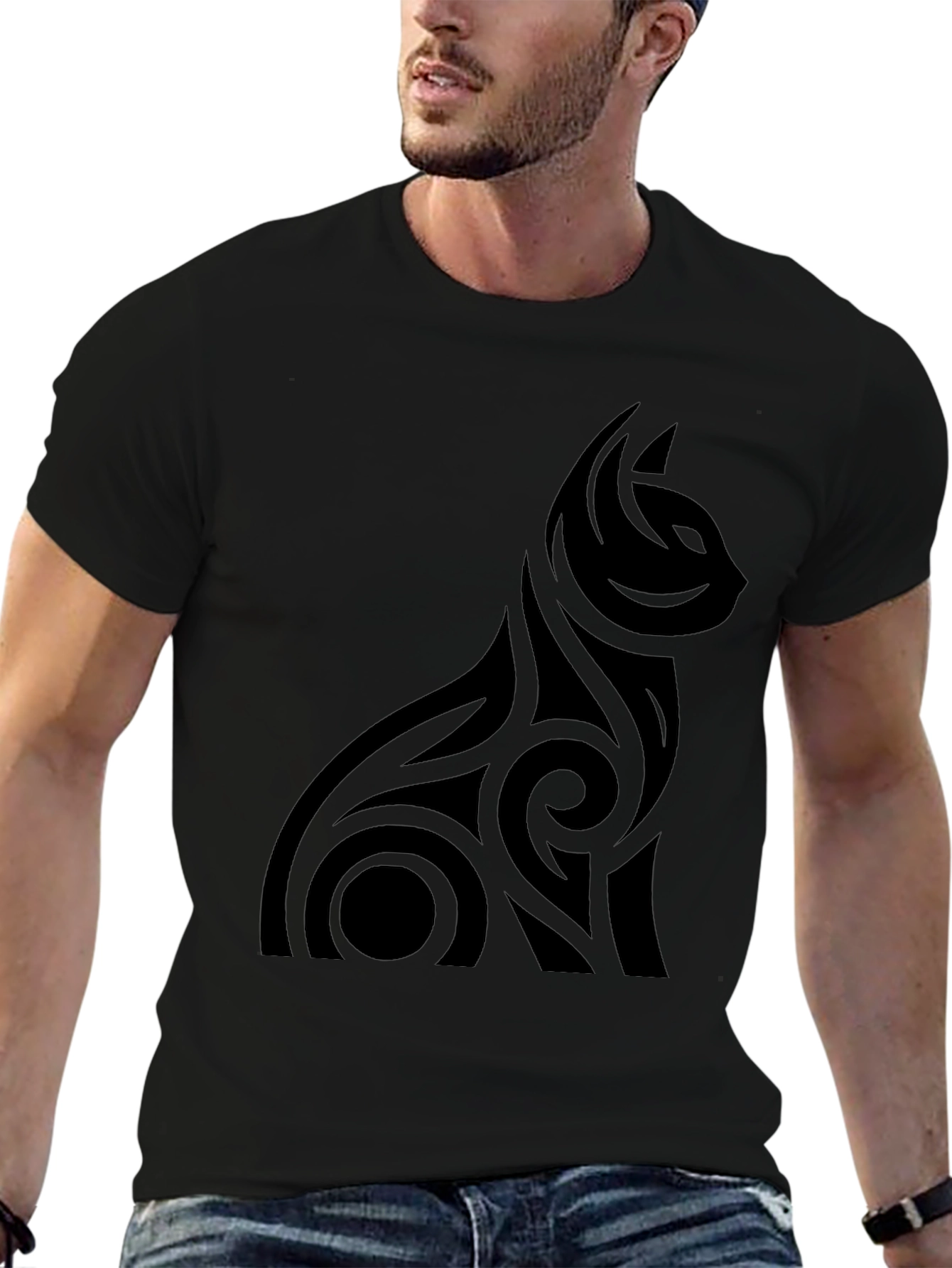 Mens Black Tribal Cat Graphic Tee