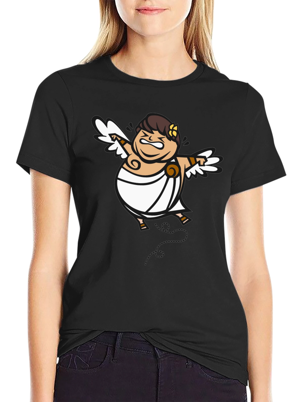 Humorous Cupid Graphic Tee - Black Cotton