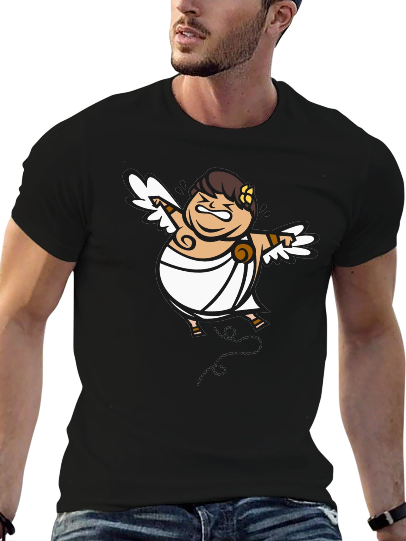 Humorous Cupid Graphic Tee - Black Cotton