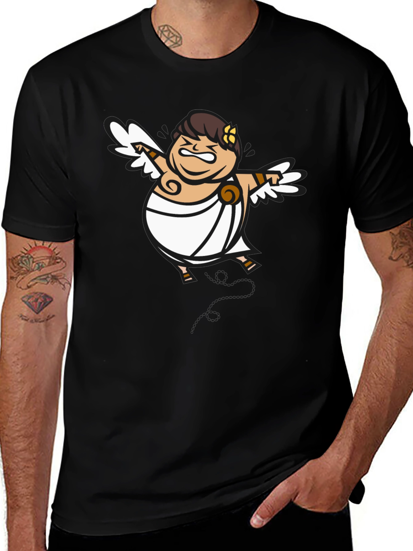 Humorous Cupid Graphic Tee - Black Cotton
