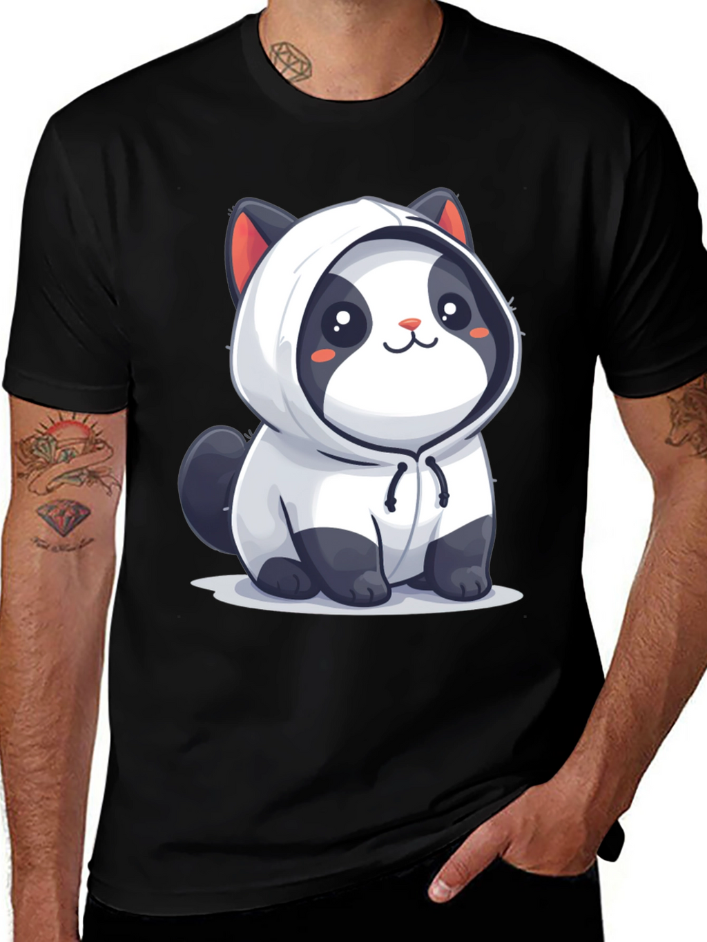 Cute Cartoon Panda Hoodie Black T-Shirt