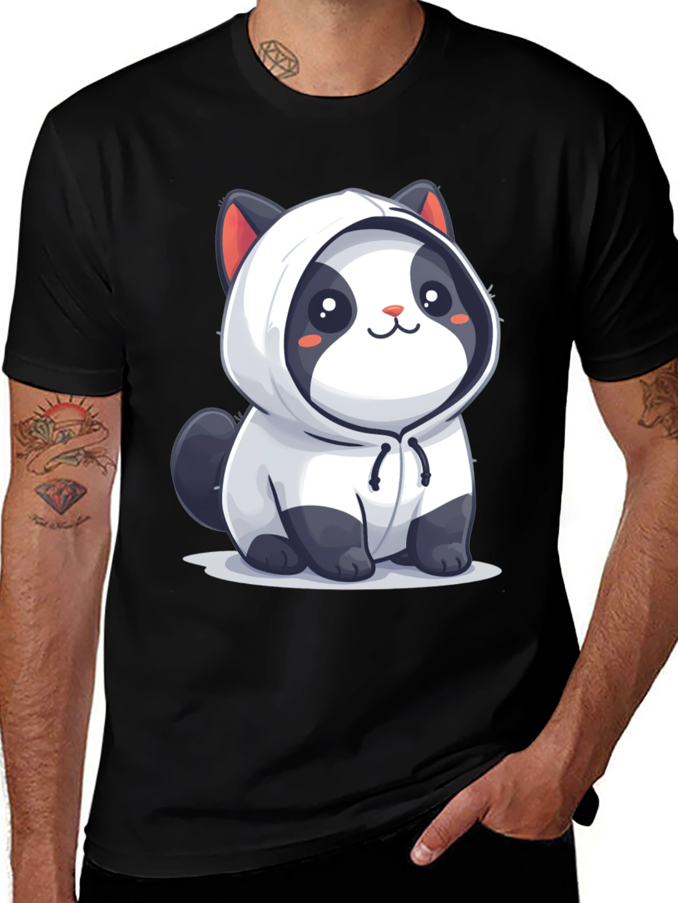 Cute Cartoon Panda Hoodie Black T-Shirt