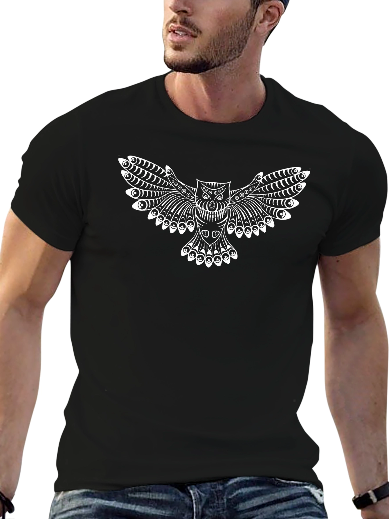 Owl Graphic Print Crew Neck Tee - Black