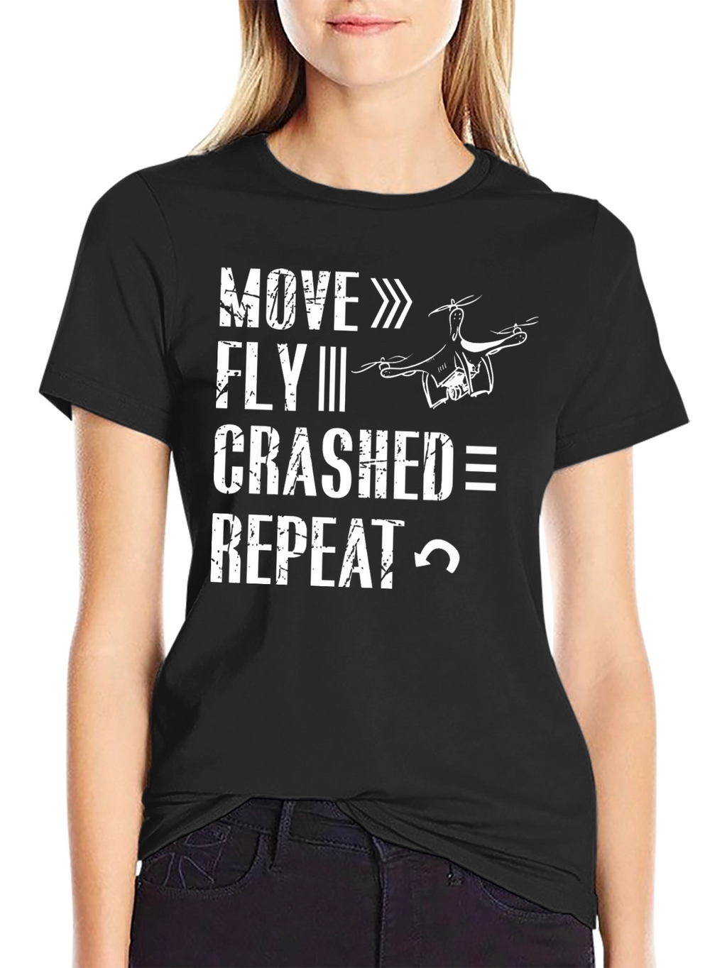 Drone Enthusiast Black T-Shirt: Move Fly Crash Repeat