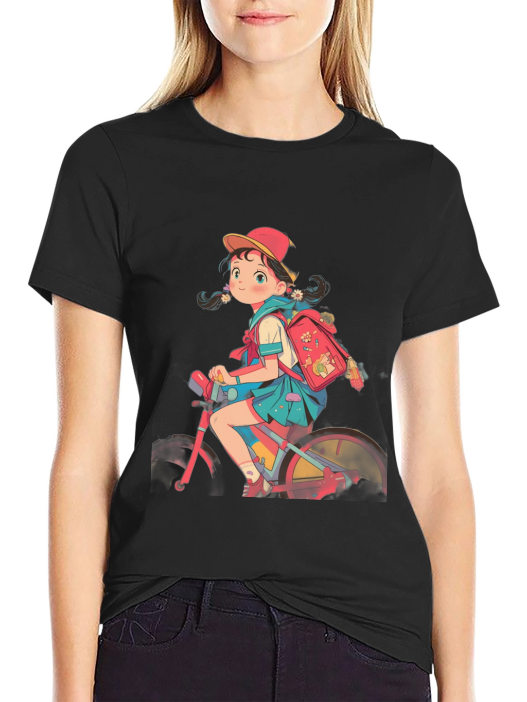Anime Girl Riding Bicycle Graphic Tee