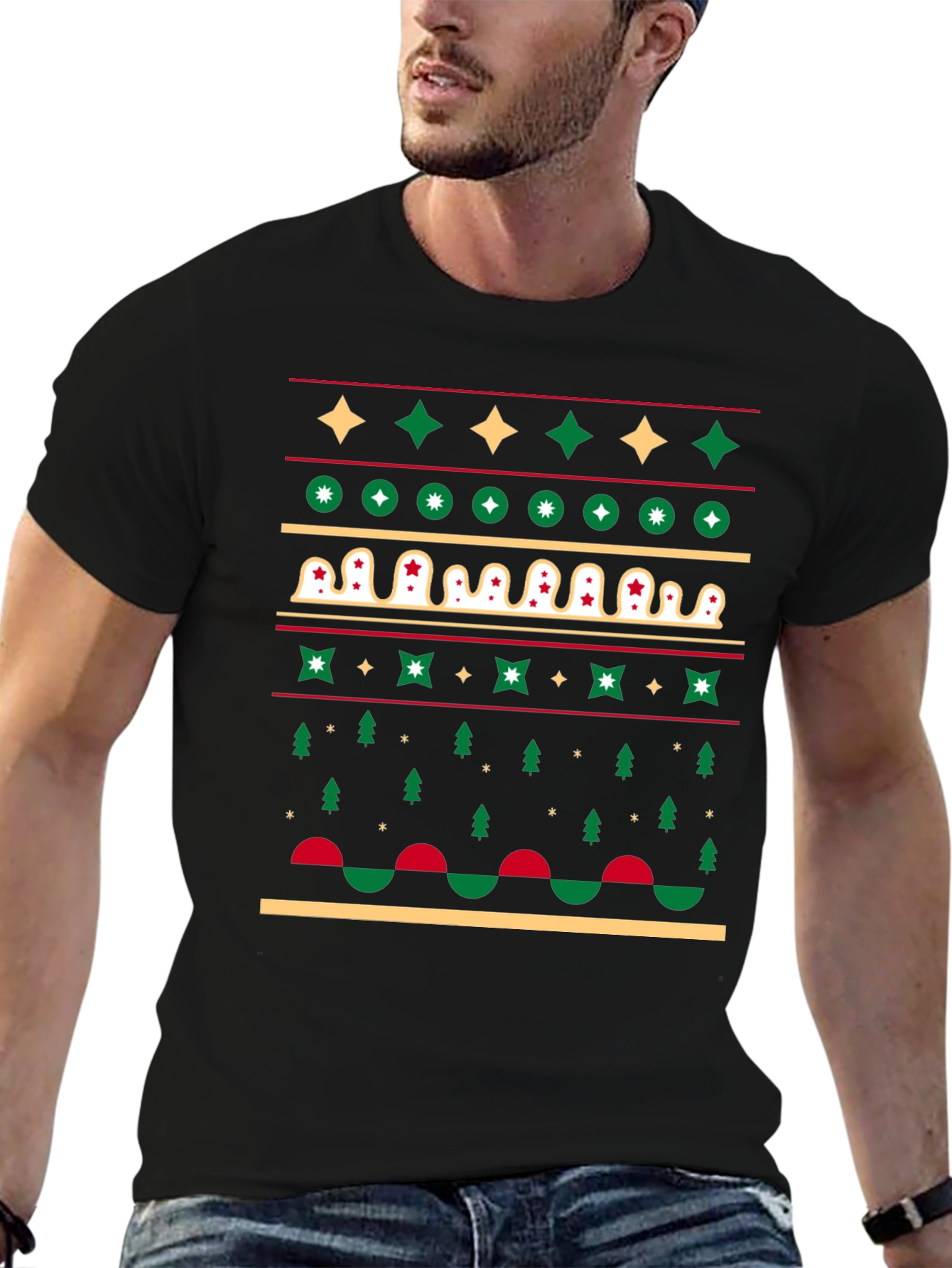 Festive Holiday Pattern Black T-Shirt