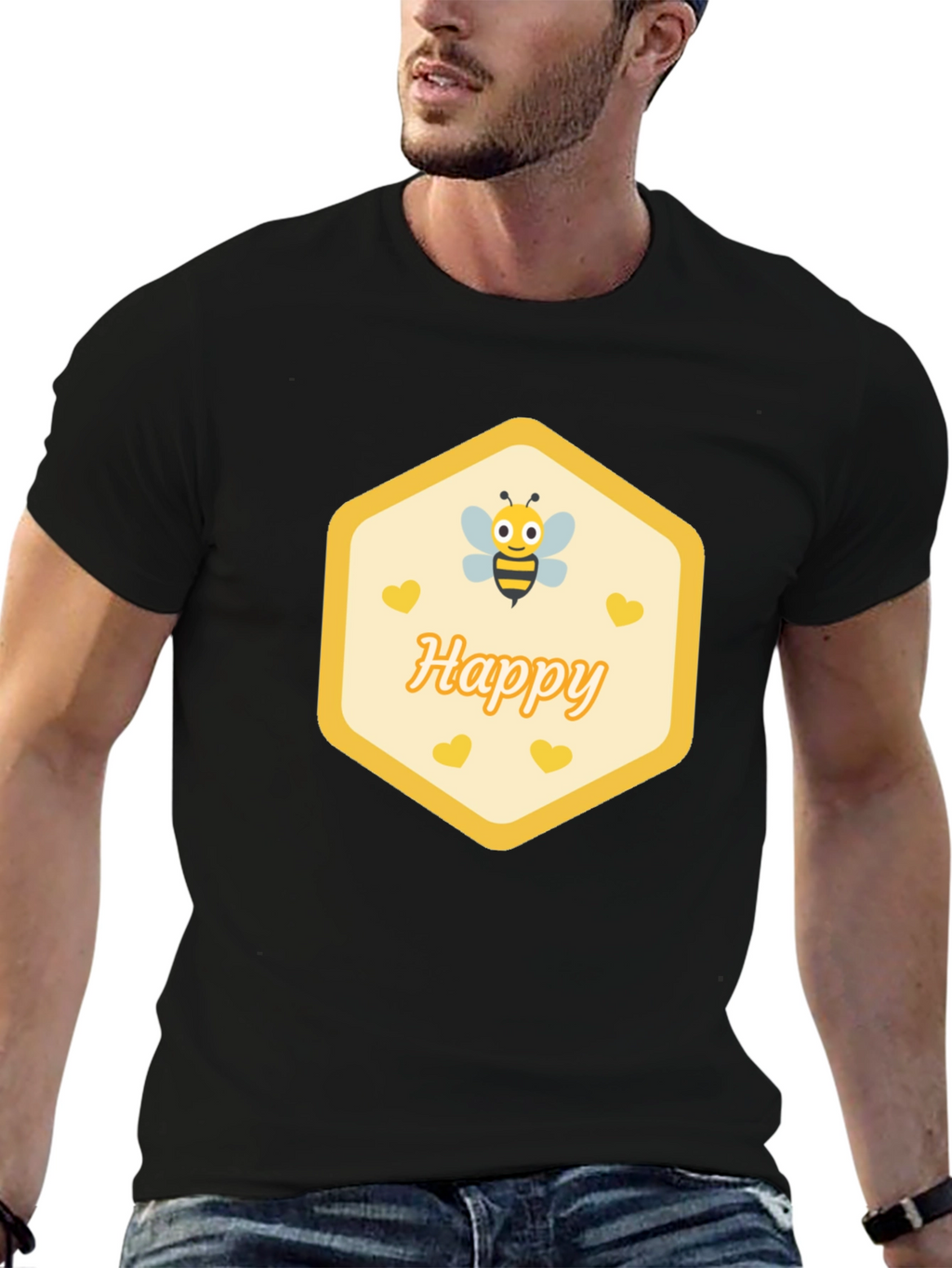 Happy Bee Graphic T-Shirt - Black Casual Cotton Tee