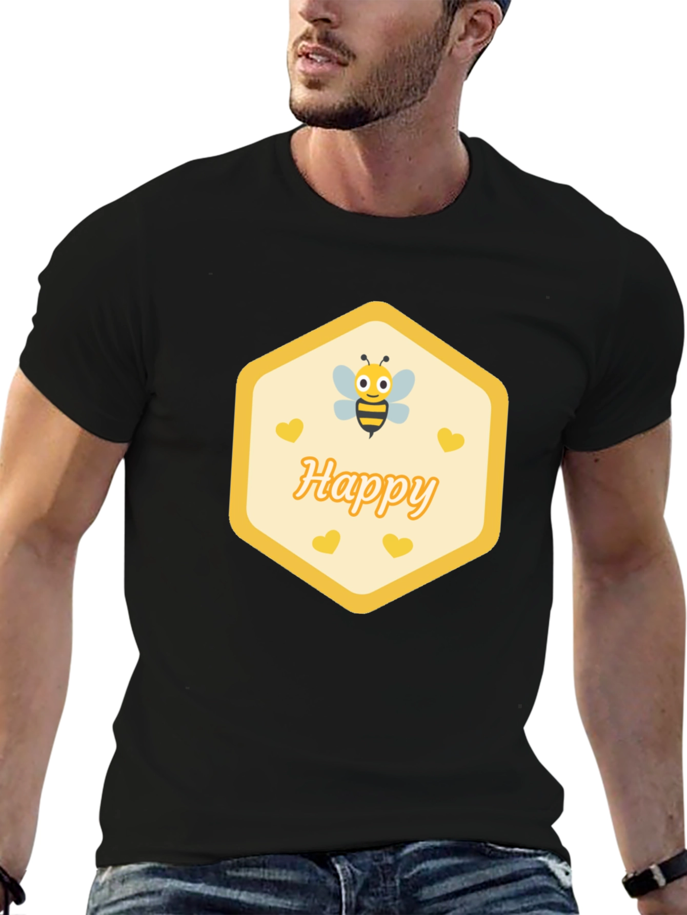 Happy Bee Graphic T-Shirt - Black Casual Cotton Tee