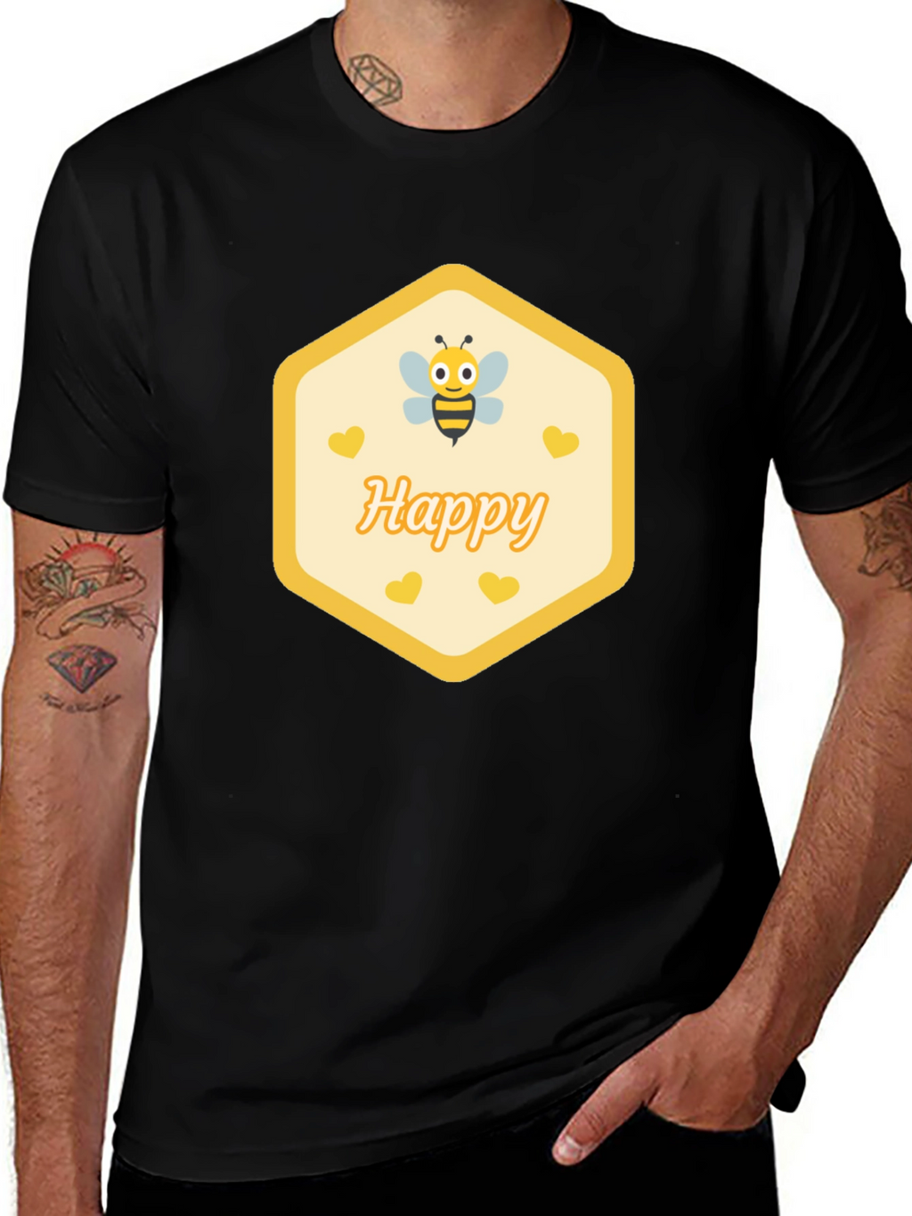 Happy Bee Graphic T-Shirt - Black Casual Cotton Tee
