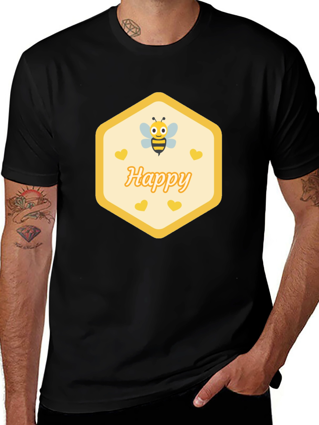Happy Bee Graphic T-Shirt - Black Casual Cotton Tee