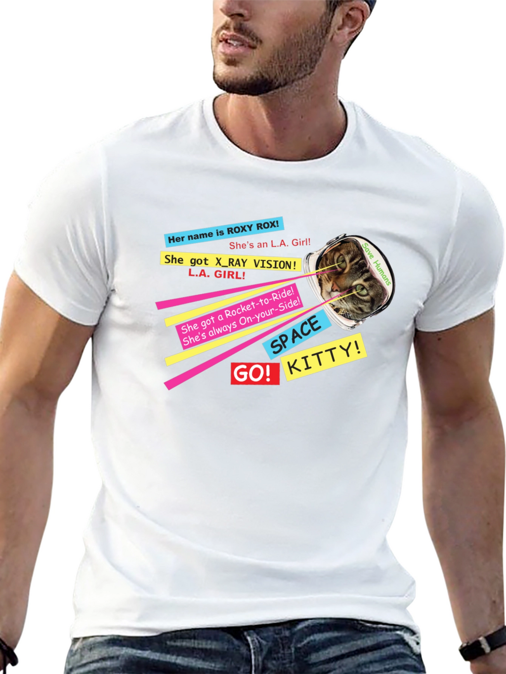 Retro Space Kitty T-Shirt - Save Humans!