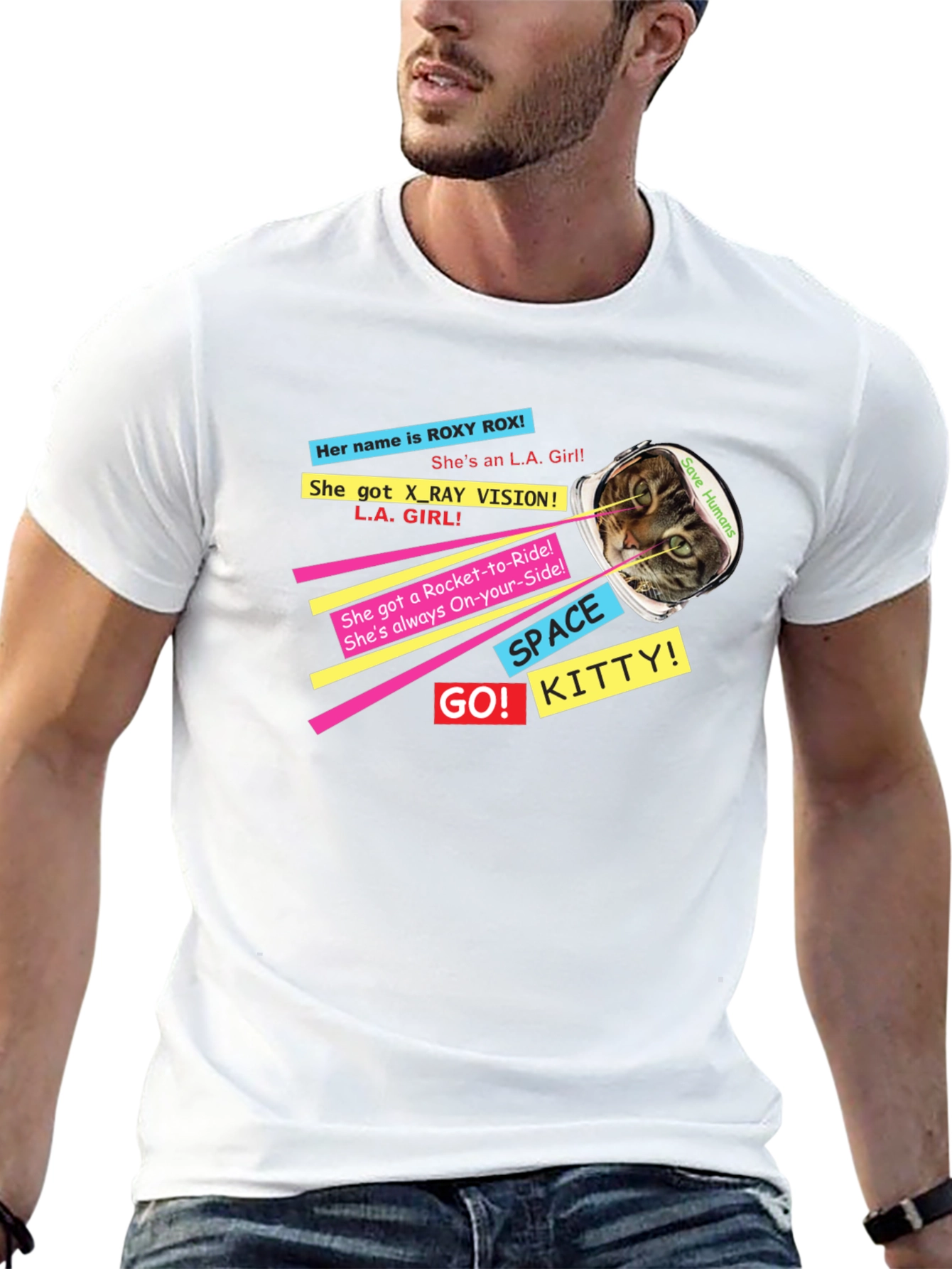 Retro Space Kitty T-Shirt - Save Humans!