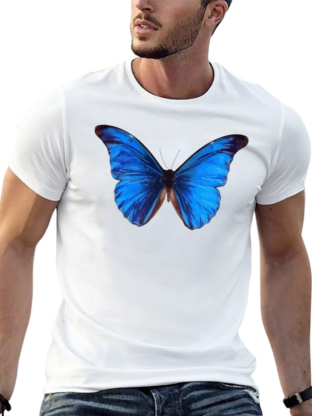 Blue Butterfly Graphic Black T-Shirt