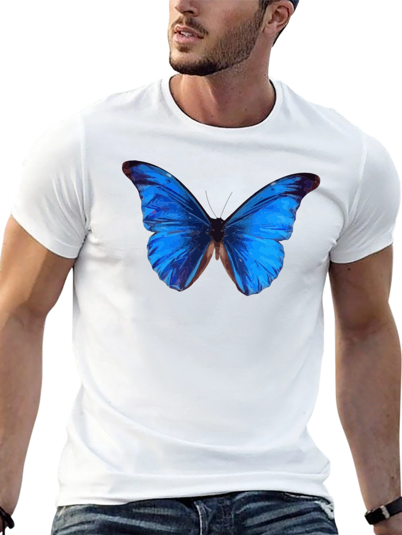 Blue Butterfly Graphic Black T-Shirt