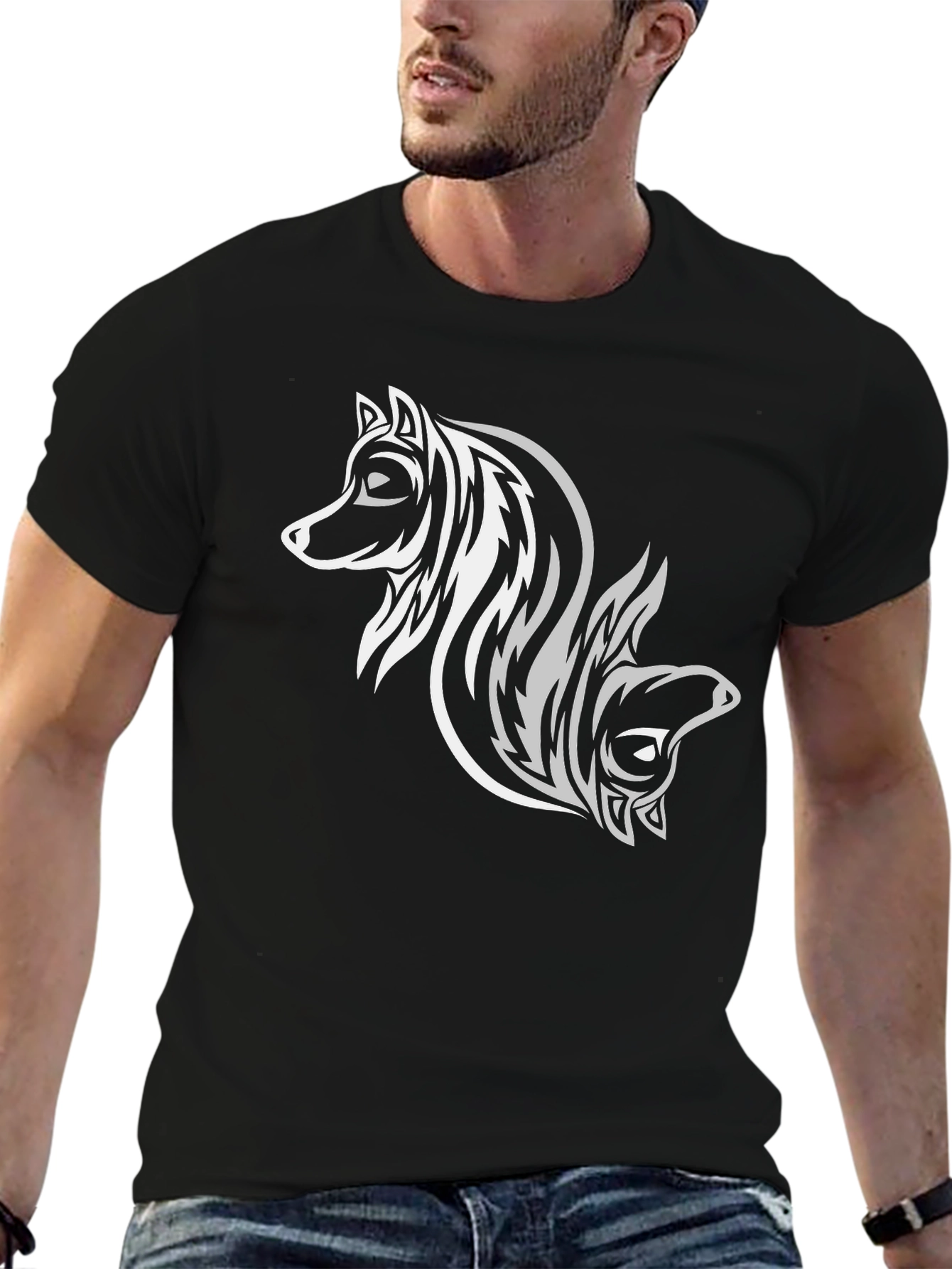 Tribal Wolf Design Black T-Shirt