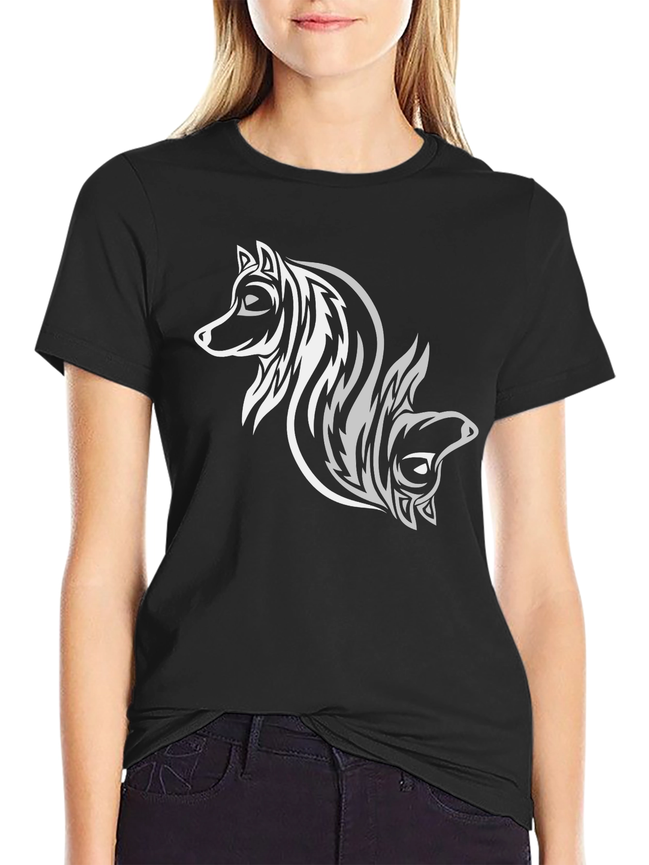 Tribal Wolf Design Black T-Shirt