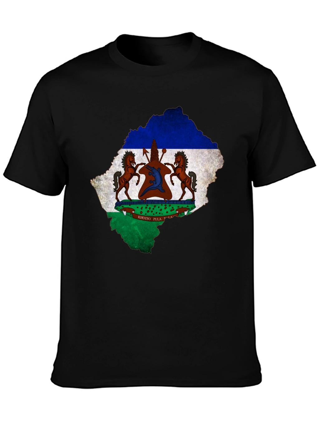 Lesotho Flag Map T-Shirt Black Cotton Tee
